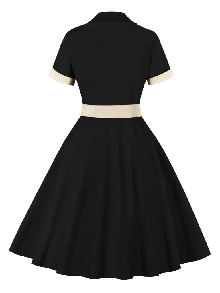 She slips into this 1950s Retro Contrast Short-Sleeved Lapel Dress and suddenly it's a 1950s daydream