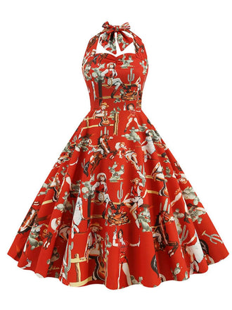 She slips into this 1950s Retro Pictorial Halter Swing Dress and suddenly it's a 1950s daydream