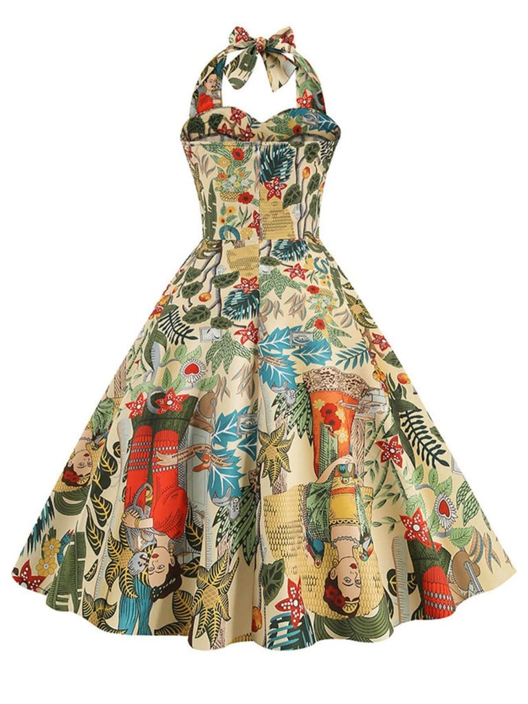 1950s Retro Pictorial Halter Swing Dress — a 1950s silhouette that turns sidewalks into runways