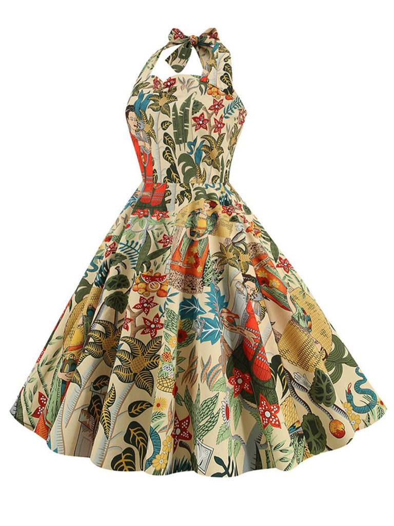 She slips into this 1950s Retro Pictorial Halter Swing Dress and suddenly it's a 1950s daydream