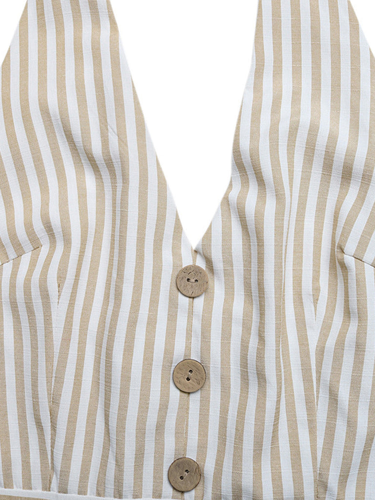 Beige 1950s Fitted Waist Halter Striped Vacation Romper - vintage jumpsuit, retro fashion
