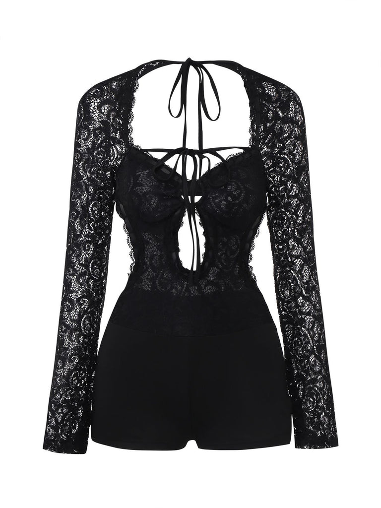 Black 1950s Lace Long Sleeve Cutout Bodysuit Romper - vintage jumpsuit, retro fashion, classic black