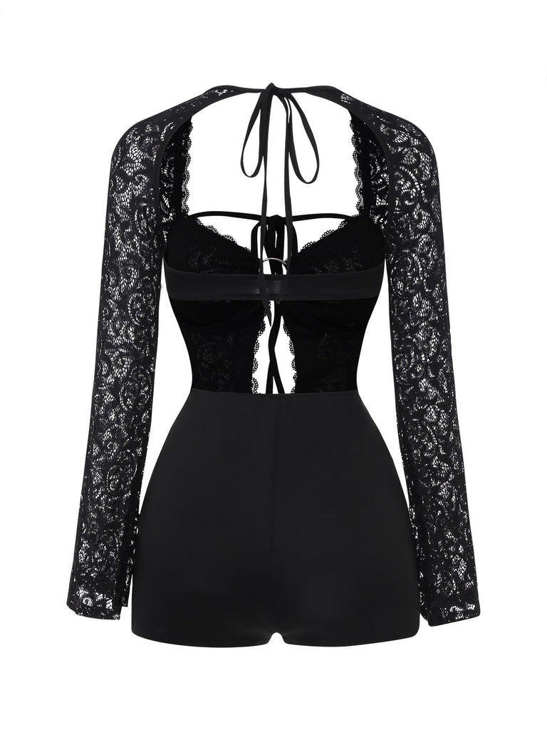 Black 1950s Lace Long Sleeve Cutout Bodysuit Romper - vintage jumpsuit, retro fashion, classic black