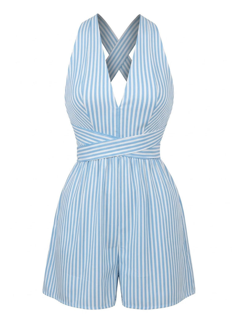 Blue 1950s Striped V-Neck Sleeveless Crisscross Belted Romper - vintage jumpsuit, retro fashion