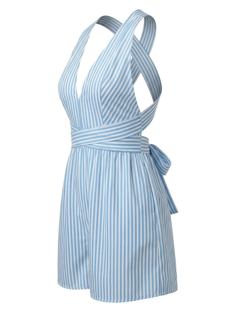 Blue 1950s Striped V-Neck Sleeveless Crisscross Belted Romper - vintage jumpsuit, retro fashion