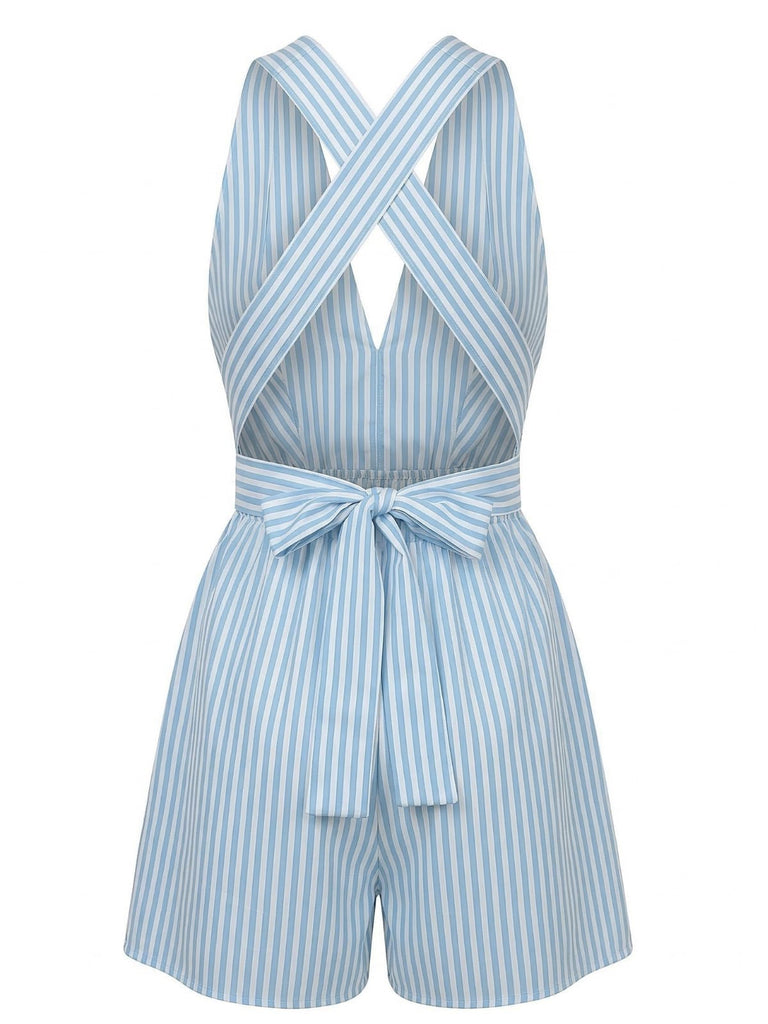 Blue 1950s Striped V-Neck Sleeveless Crisscross Belted Romper - vintage jumpsuit, retro fashion