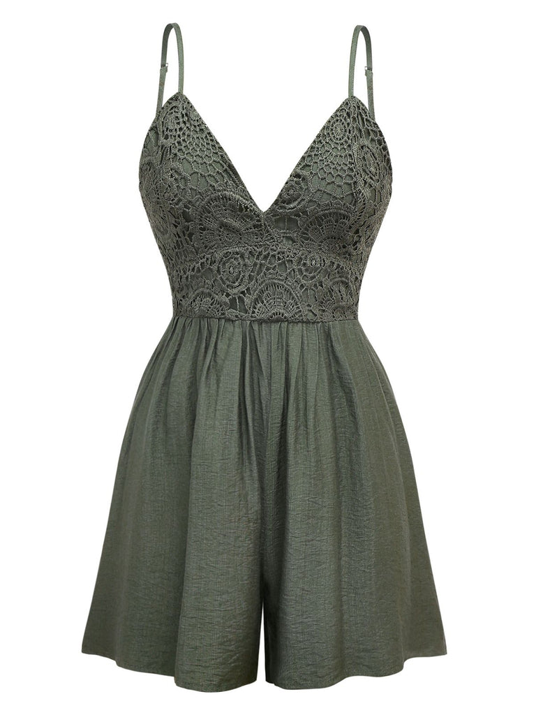 Dark Green 1950s Embroidery Patchwork Smocked Romper - vintage jumpsuit, retro fashion