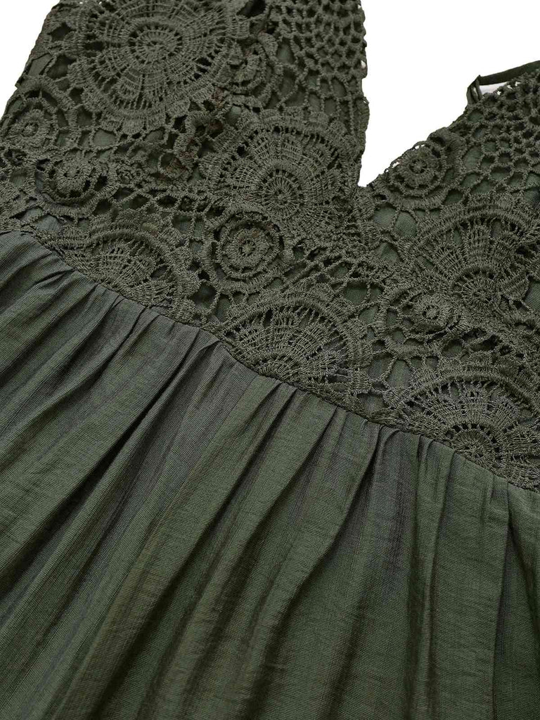 Dark Green 1950s Embroidery Patchwork Smocked Romper - vintage jumpsuit, retro fashion