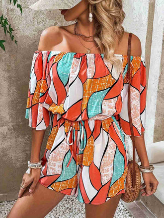 Orange 1950s Geometric Drawstring Off-Shoulder Romper - vintage jumpsuit, retro fashion