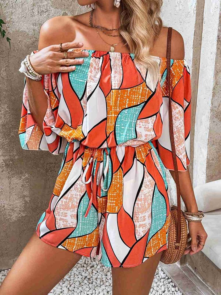 Orange 1950s Geometric Drawstring Off-Shoulder Romper - vintage jumpsuit, retro fashion