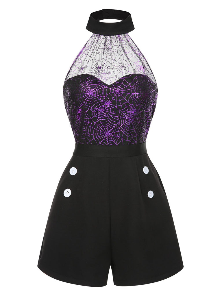 2PCS Black & Purple 1950s Spiderweb Mesh Romper & Skirt Cover-Up - vintage skirt, retro style, classic black