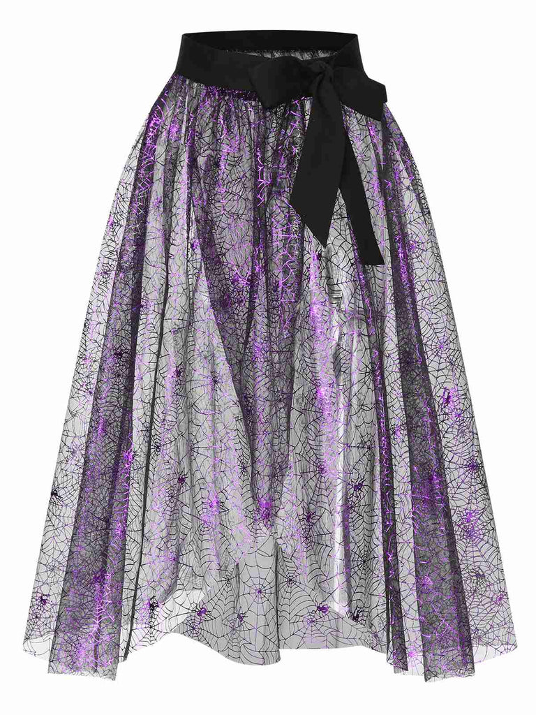 2PCS Black & Purple 1950s Spiderweb Mesh Romper & Skirt Cover-Up - vintage skirt, retro style, classic black