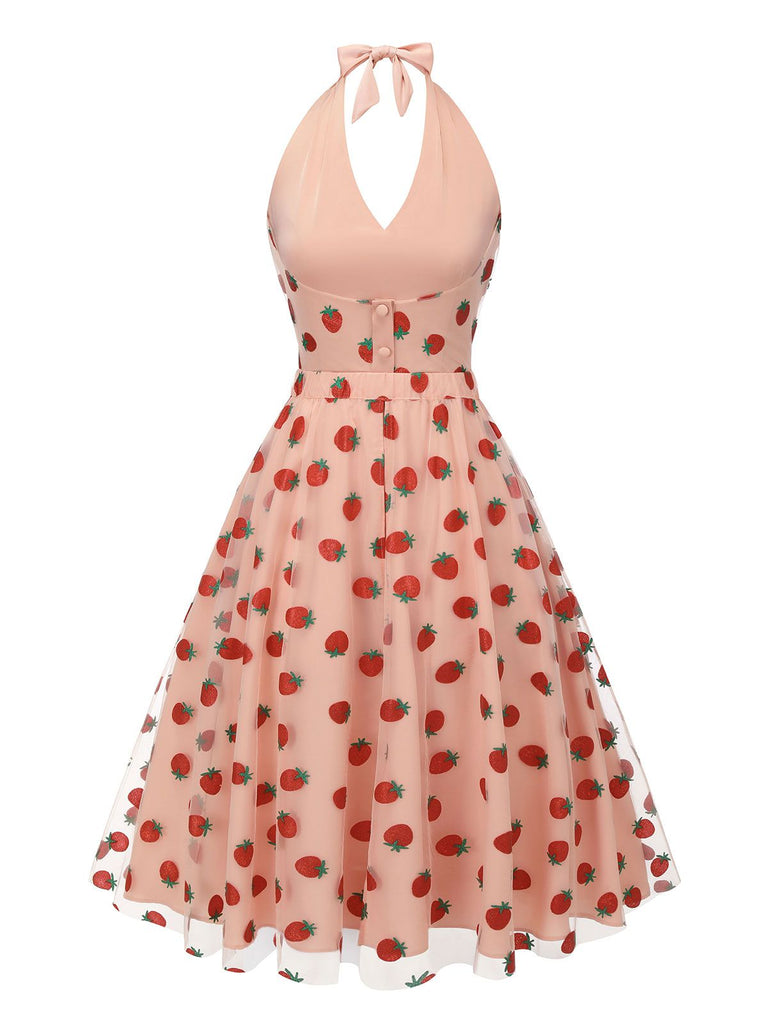 2PCS Pink 1950s Halter Strawberry Romper & Umbrella Skirt - vintage skirt, retro style