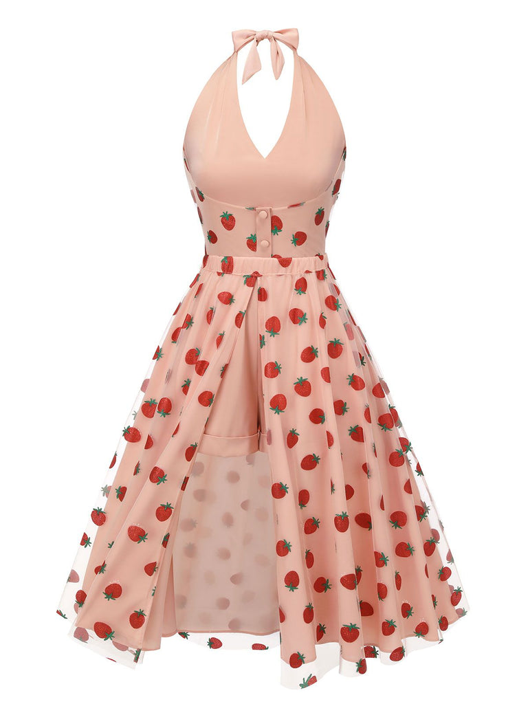 2PCS Pink 1950s Halter Strawberry Romper & Umbrella Skirt - vintage skirt, retro style