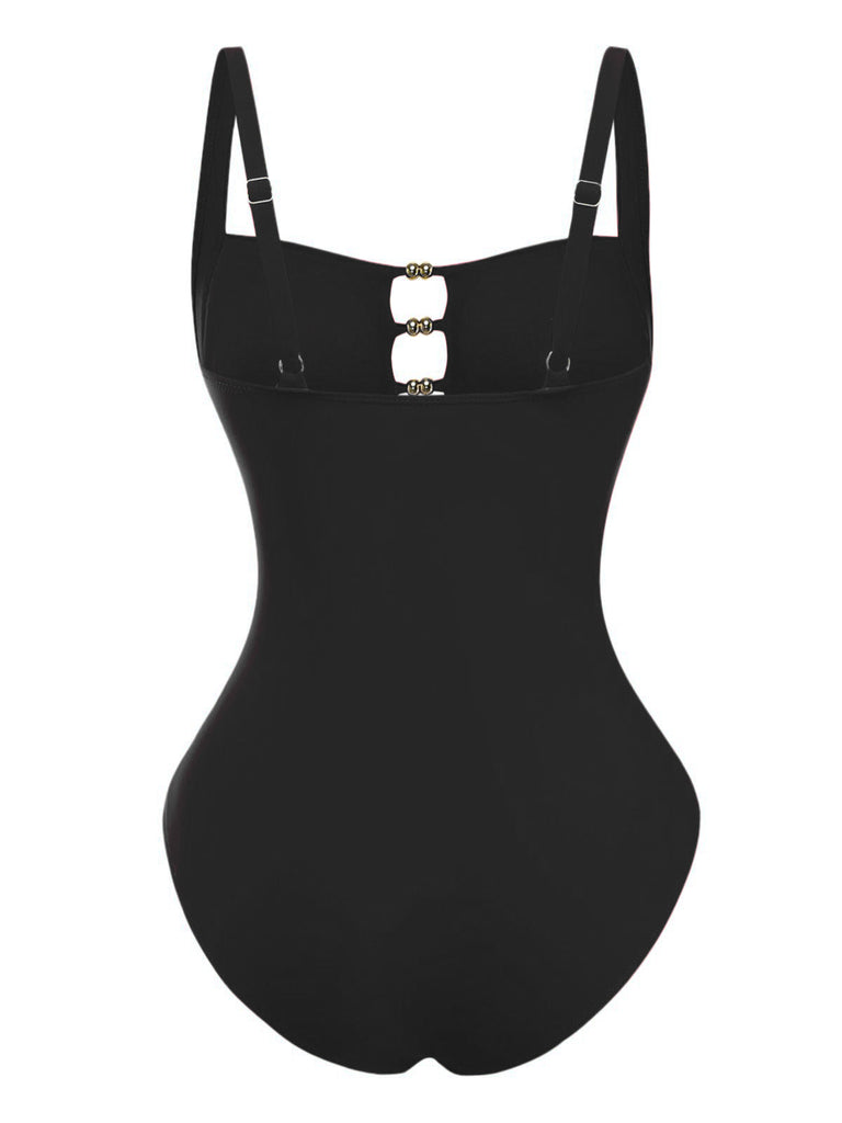 1950s Ruched Cutout Tummy Control One-Piece Swimsuit: beautiful vintage swimwear, retro swimsuit, pin-up style with timeless appeal