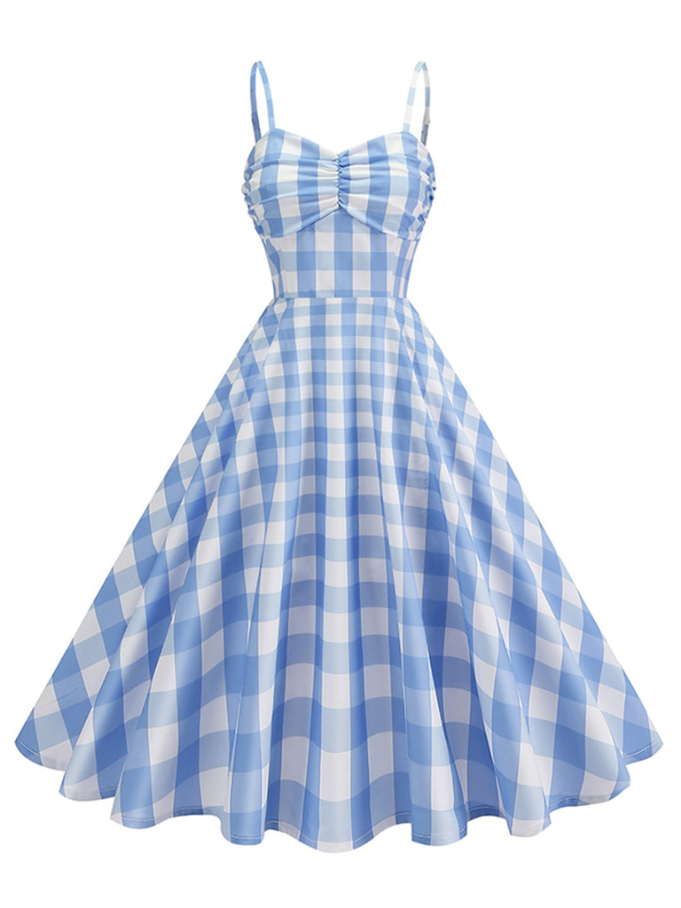 She slips into this 1950s Ruched Spaghetti Straps Gingham Plaid Dress and suddenly it's a 1950s daydream