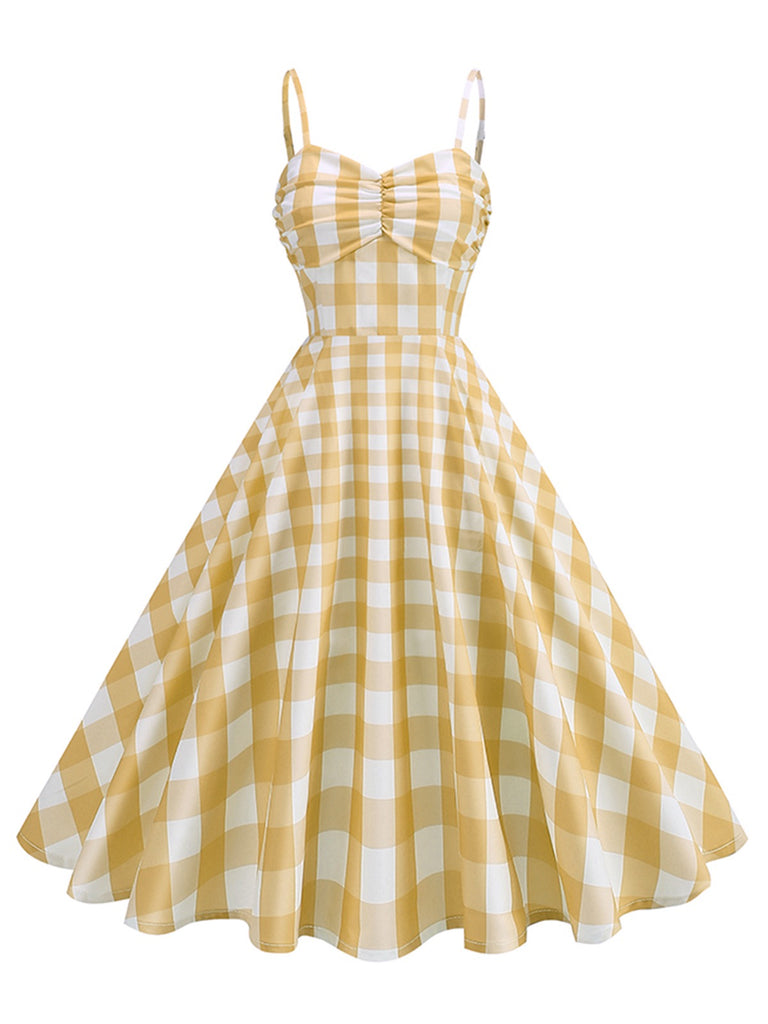 1950s Ruched Spaghetti Straps Gingham Plaid Dress — a 1950s silhouette that turns sidewalks into runways