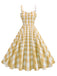 1950s Ruched Spaghetti Straps Gingham Plaid Dress — a 1950s silhouette that turns sidewalks into runways