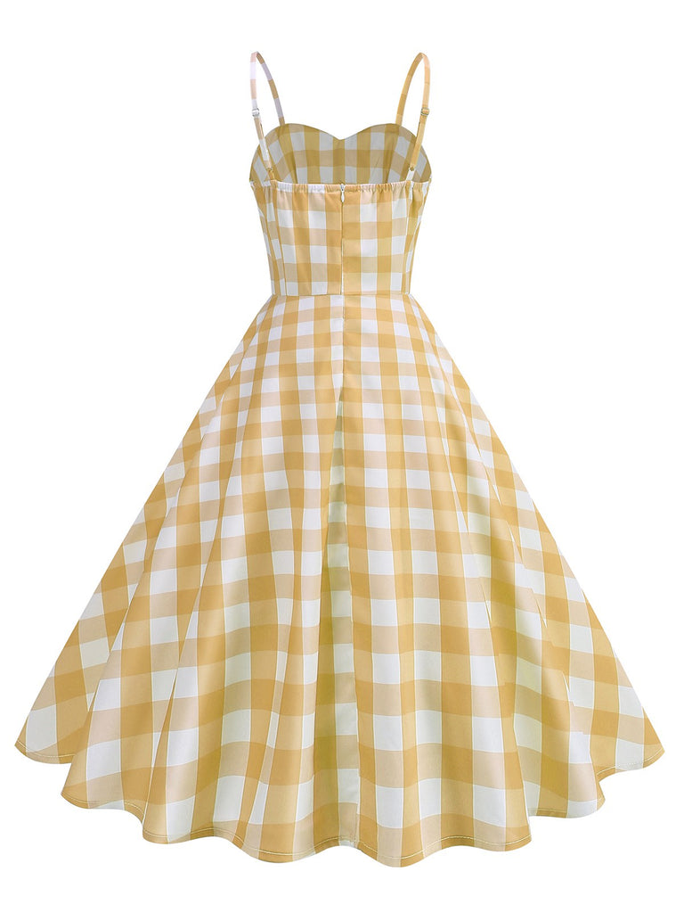 She slips into this 1950s Ruched Spaghetti Straps Gingham Plaid Dress and suddenly it's a 1950s daydream