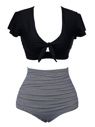 This 1950s Ruffle Sleeve Lace-Up Patchwork Swimsuit carries 1950s vacation dreams in every stitch