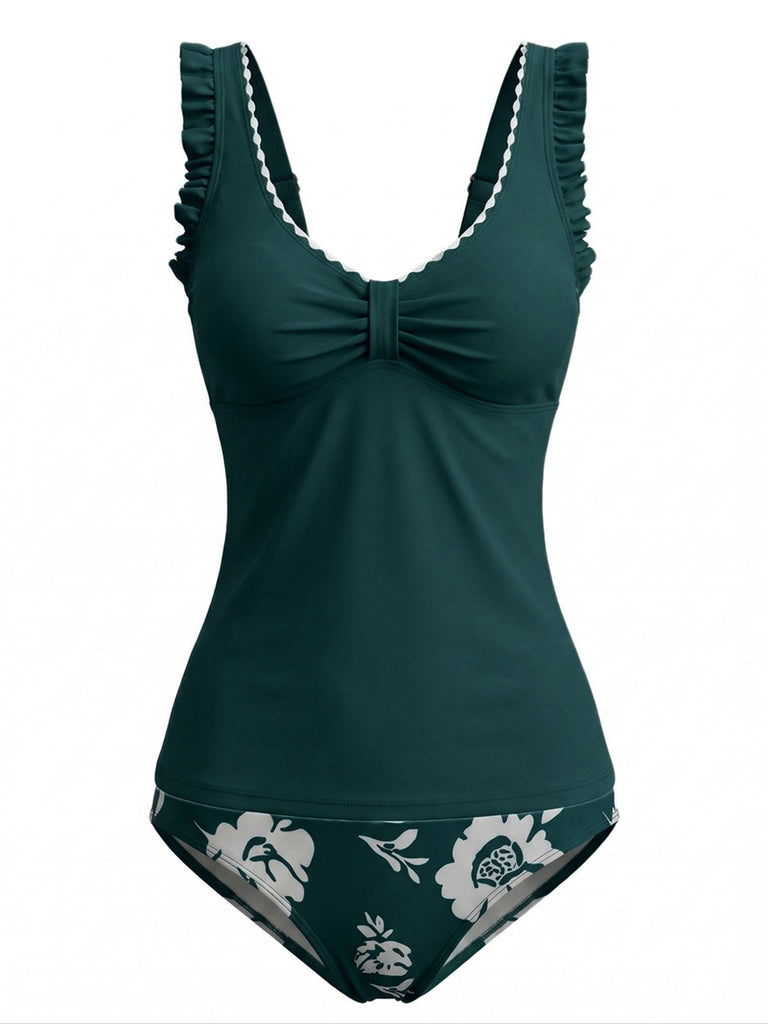 1950s Ruffle Strap Twist Front Floral Tankini Set, vintage fashion, retro style - perfect for women who love vintage and retro fashion