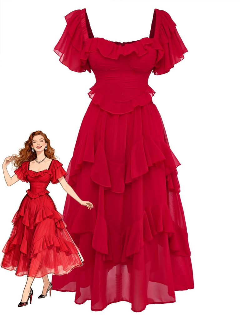 1950s Ruffle Tiered Off-Shoulder Maxi Dress - vintage dress, retro fashion, rockabilly