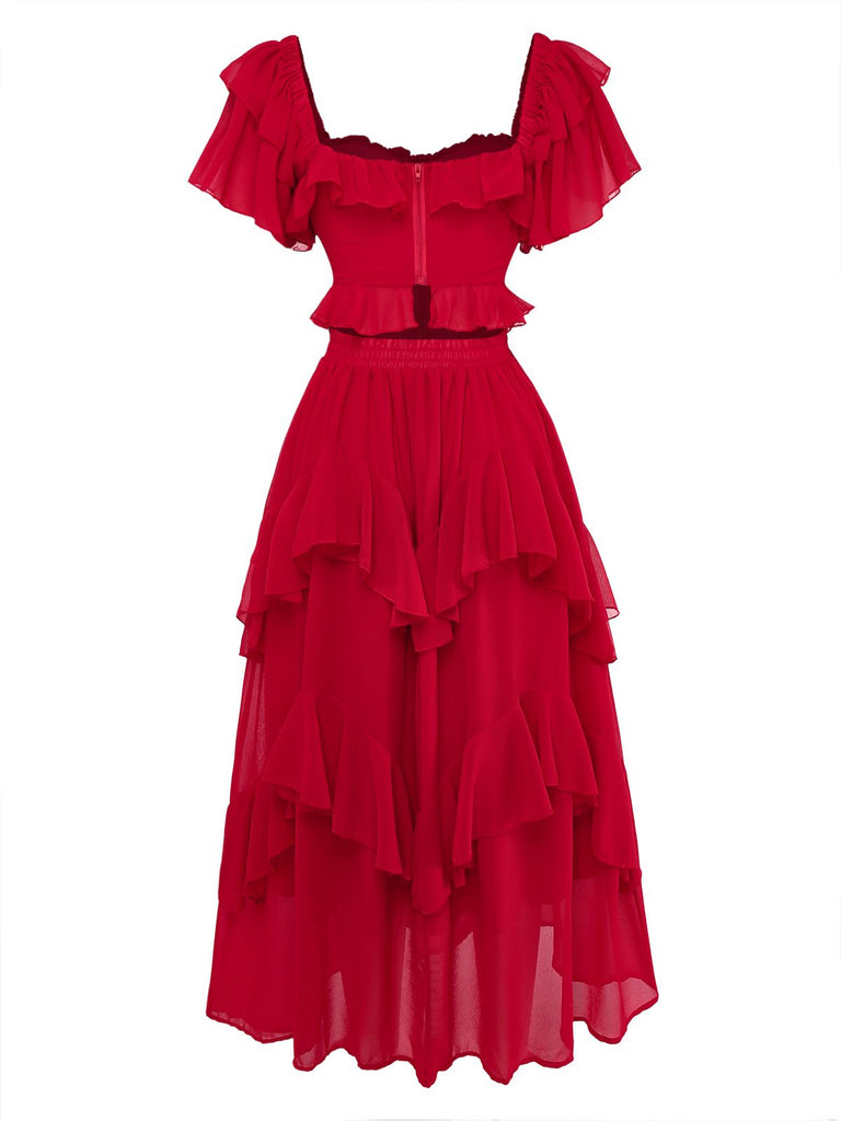 1950s Ruffle Tiered Off-Shoulder Maxi Dress - vintage dress, retro fashion, rockabilly