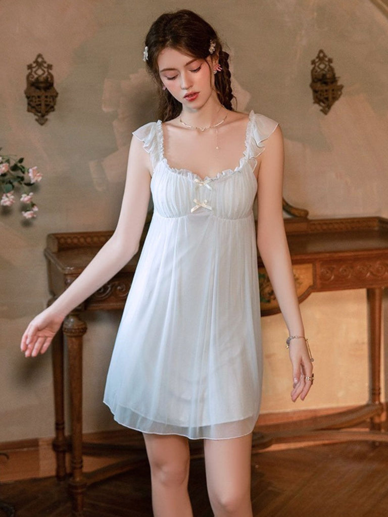 1950s Ruffled Mesh Bow Babydoll Nightgown, vintage fashion, retro style, rockabilly, pin-up fashion - vintage inspired fashion
