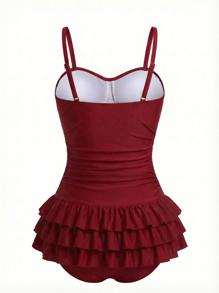 1950s Ruffled Ruched Tiered One-Piece Swimsuit - vintage swimwear, retro beach style for women