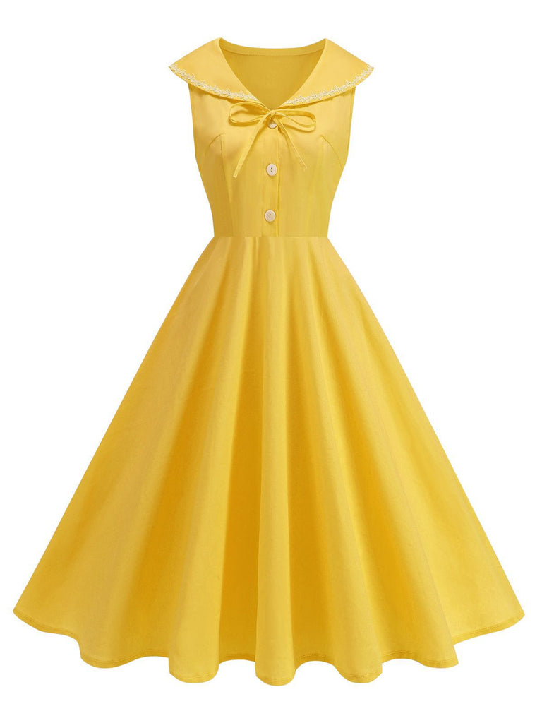 1950s Sailor Collar Bow-Tie Solid Sleeveless Dress - vintage dress, retro fashion, rockabilly