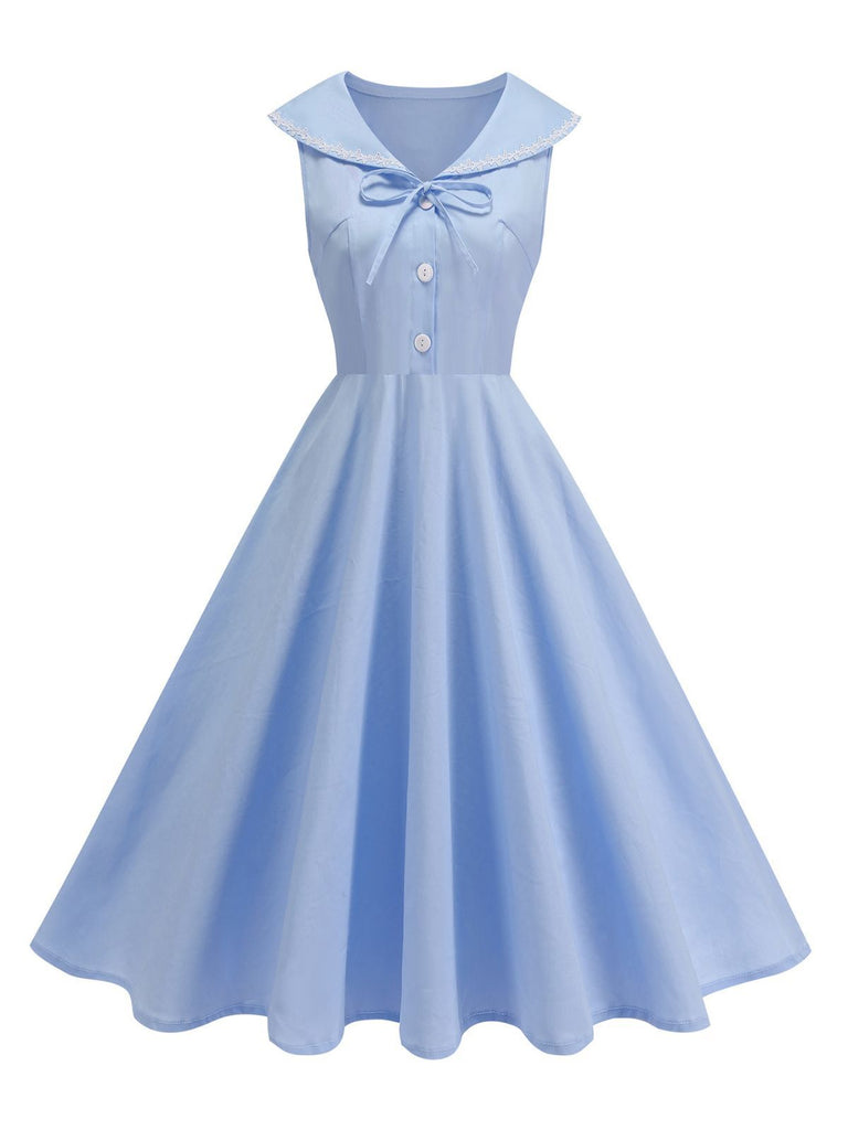 1950s Sailor Collar Bow-Tie Solid Sleeveless Dress - vintage dress, retro fashion, rockabilly