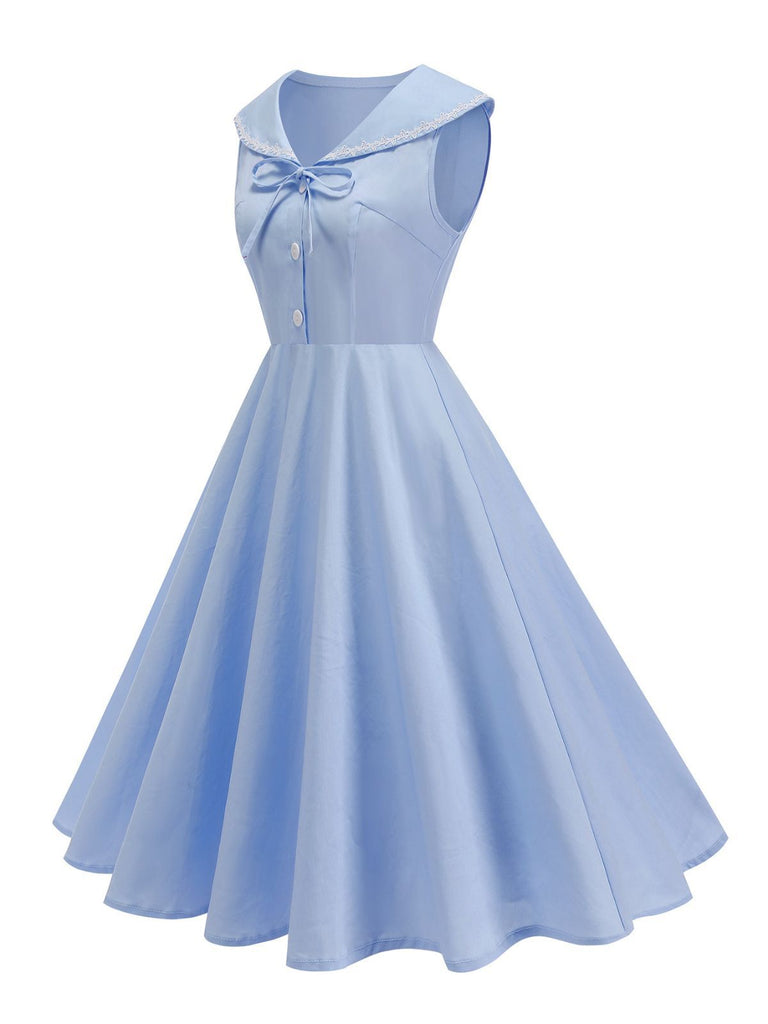 1950s Sailor Collar Bow-Tie Solid Sleeveless Dress - vintage dress, retro fashion, rockabilly