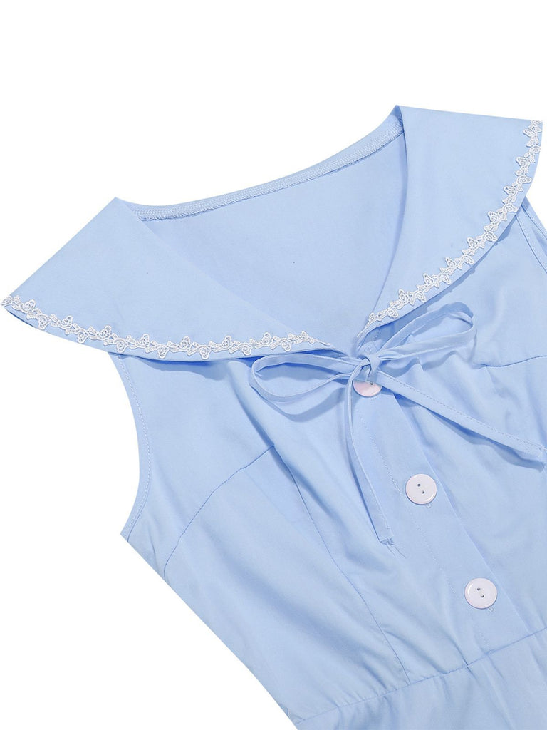 1950s Sailor Collar Bow-Tie Solid Sleeveless Dress - vintage dress, retro fashion, rockabilly