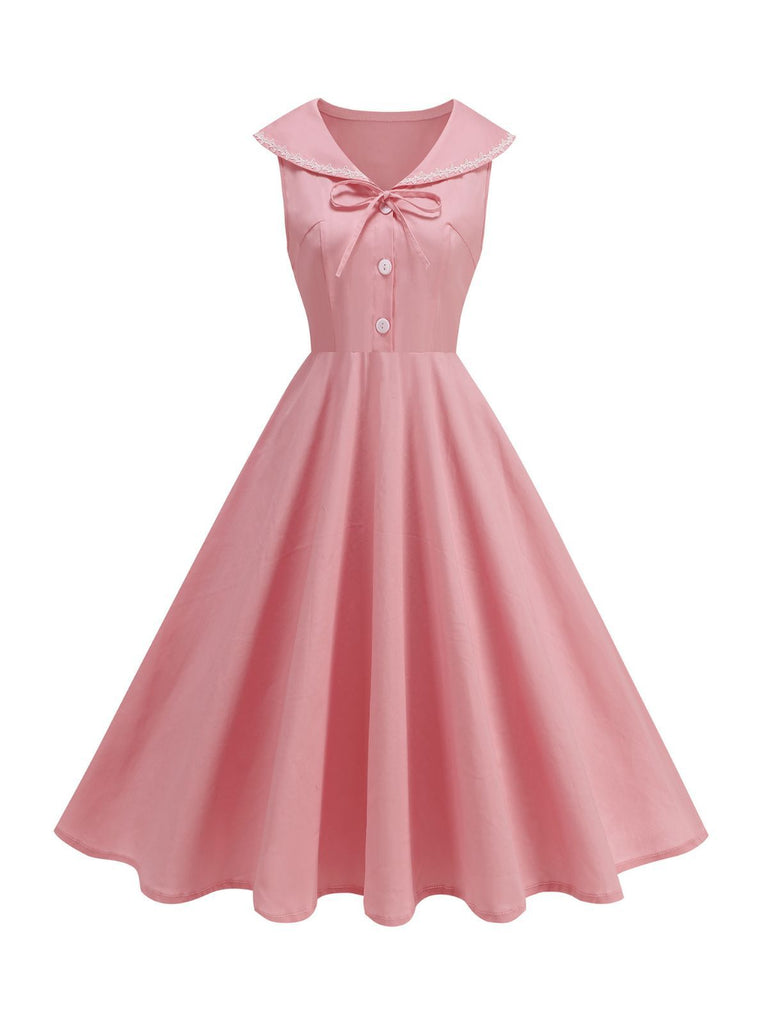 1950s Sailor Collar Bow-Tie Solid Sleeveless Dress - vintage dress, retro fashion, rockabilly