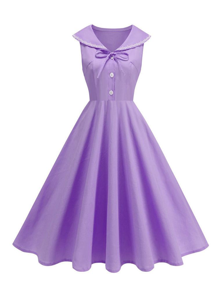 1950s Sailor Collar Bow-Tie Solid Sleeveless Dress - vintage dress, retro fashion, rockabilly