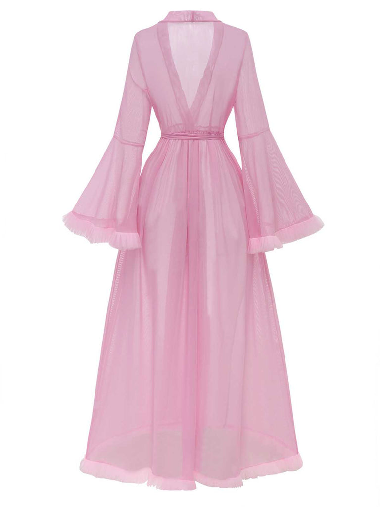 1950s Sheer Flared Sleeve Belted Long Robe - vintage fashion, retro style, elegant red