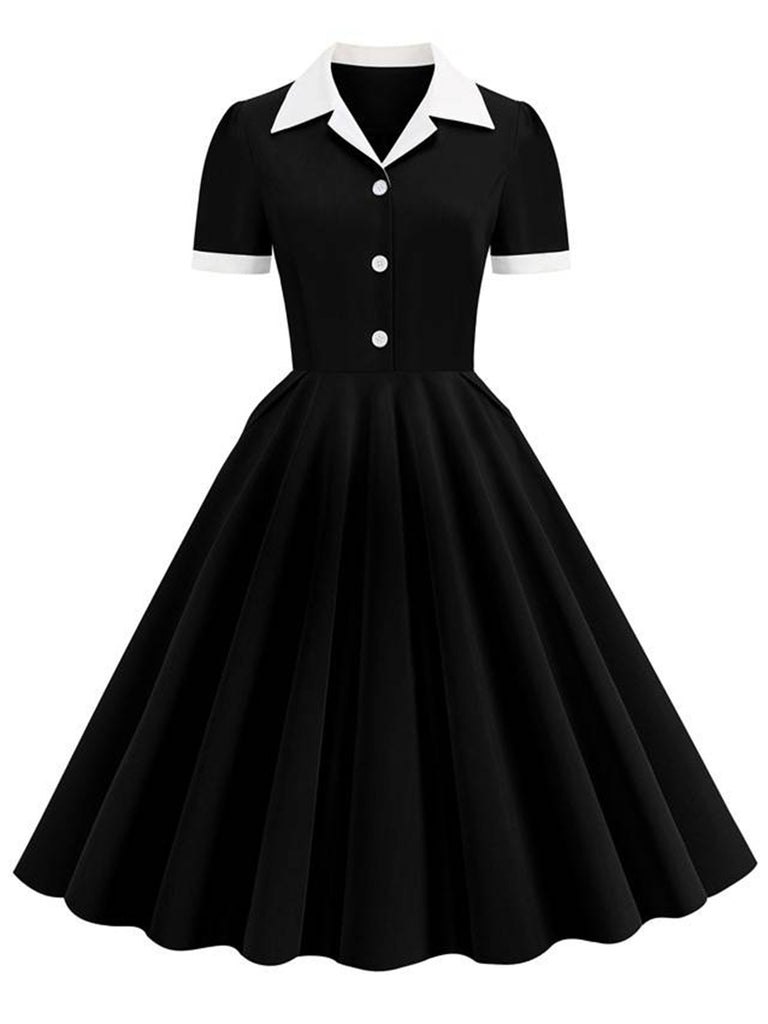 1950s Shirt Collar Buttons Swing Dress — a 1950s silhouette that turns sidewalks into runways
