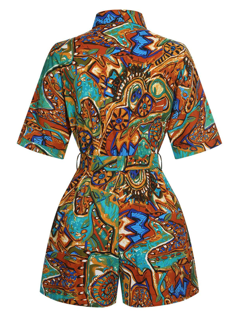 This 1950s Shirt Neck Print Belted Romper brings 1950s soul to her everyday