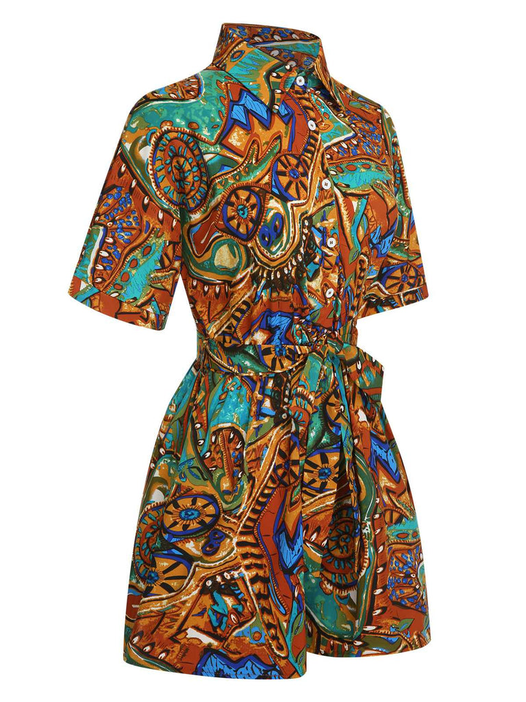 1950s Shirt Neck Print Belted Romper — 1950s elegance she can wear anywhere