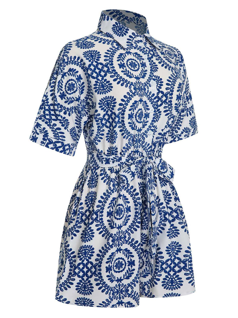 1950s Shirt Neck Print Belted Romper — 1950s elegance she can wear anywhere