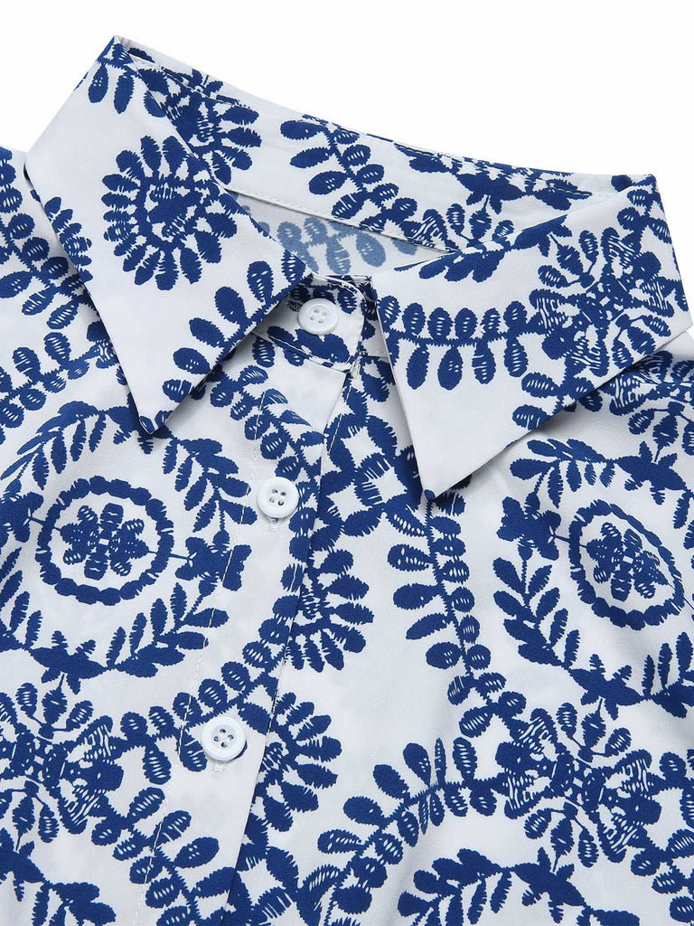 She pairs this 1950s Shirt Neck Print Belted Romper with confidence and 1950s charm