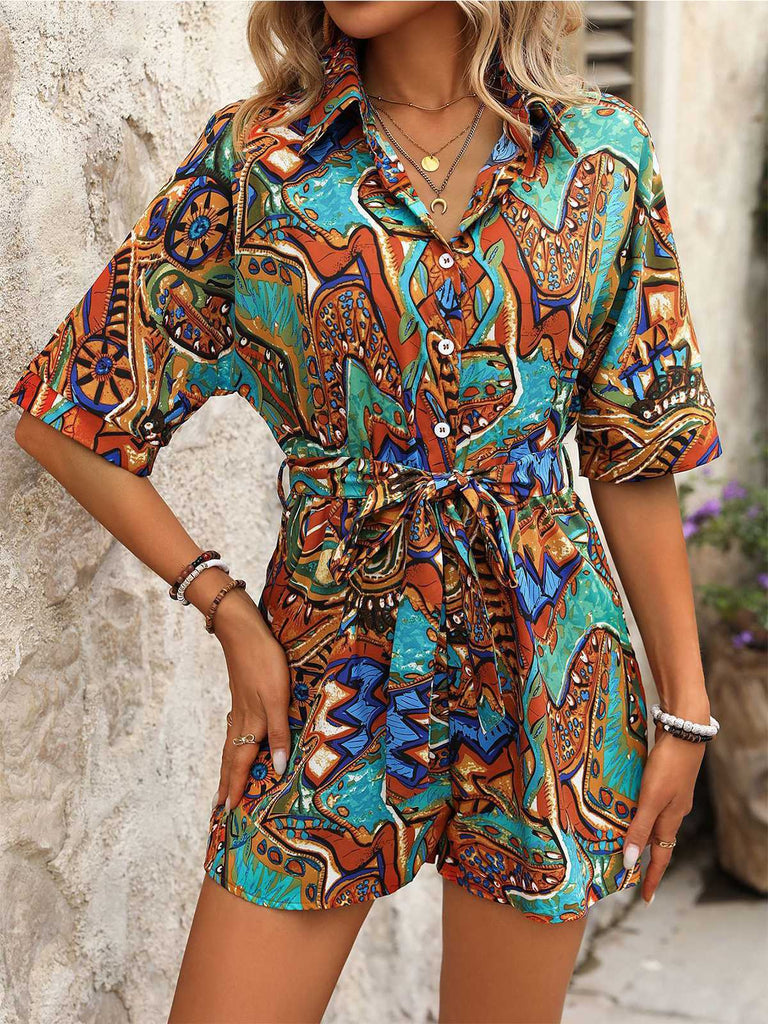 1950s Shirt Neck Print Belted Romper — 1950s elegance she can wear anywhere