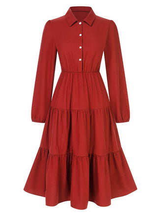 She slips into this 1950s Shirt Neck Tiered Solid Midi Dress and suddenly it's a 1950s daydream