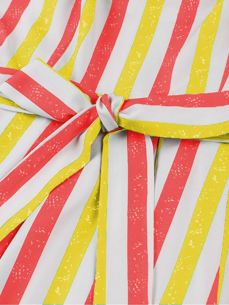 She slips into this 1950s Shoulder Tie Belted Stripes Dress and suddenly it's a 1950s daydream