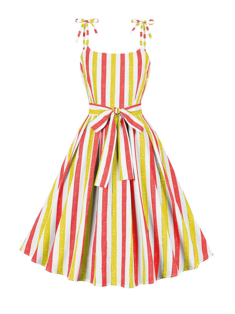 This 1950s Shoulder Tie Belted Stripes Dress wraps her in 1950s elegance, one twirl at a time