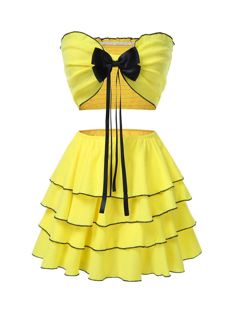 2PCS Yellow 1950s Bow Smocked Tube Top & Multi-Layer Skirt - vintage skirt, retro style