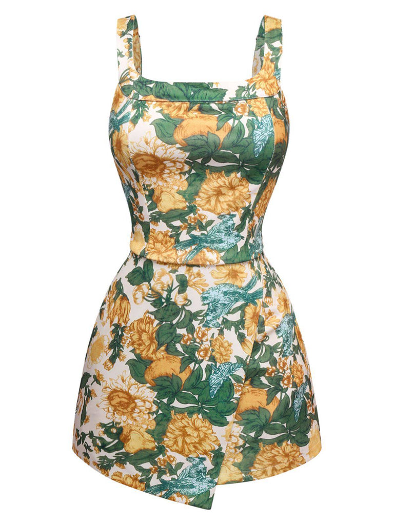 2PCS Yellow 1950s Floral Wide Strap Top & Mini Skirt - vintage skirt, retro style