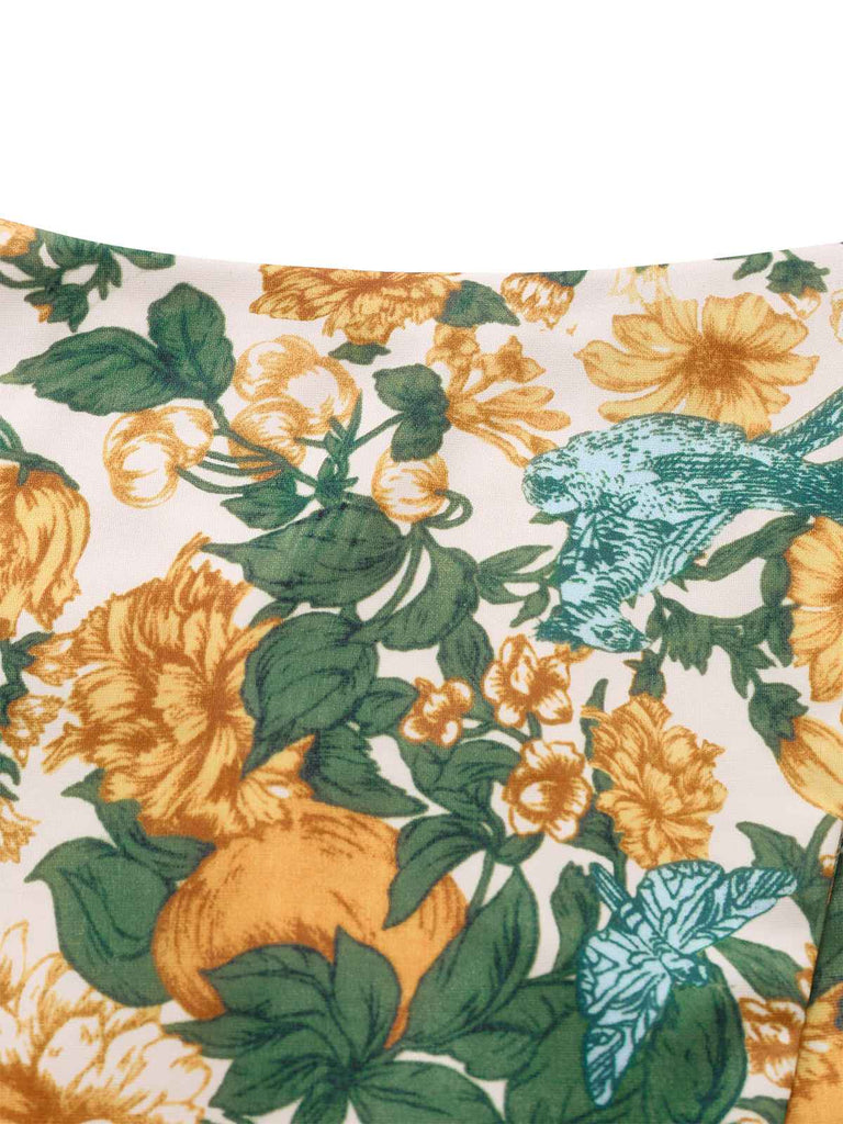 2PCS Yellow 1950s Floral Wide Strap Top & Mini Skirt - vintage skirt, retro style