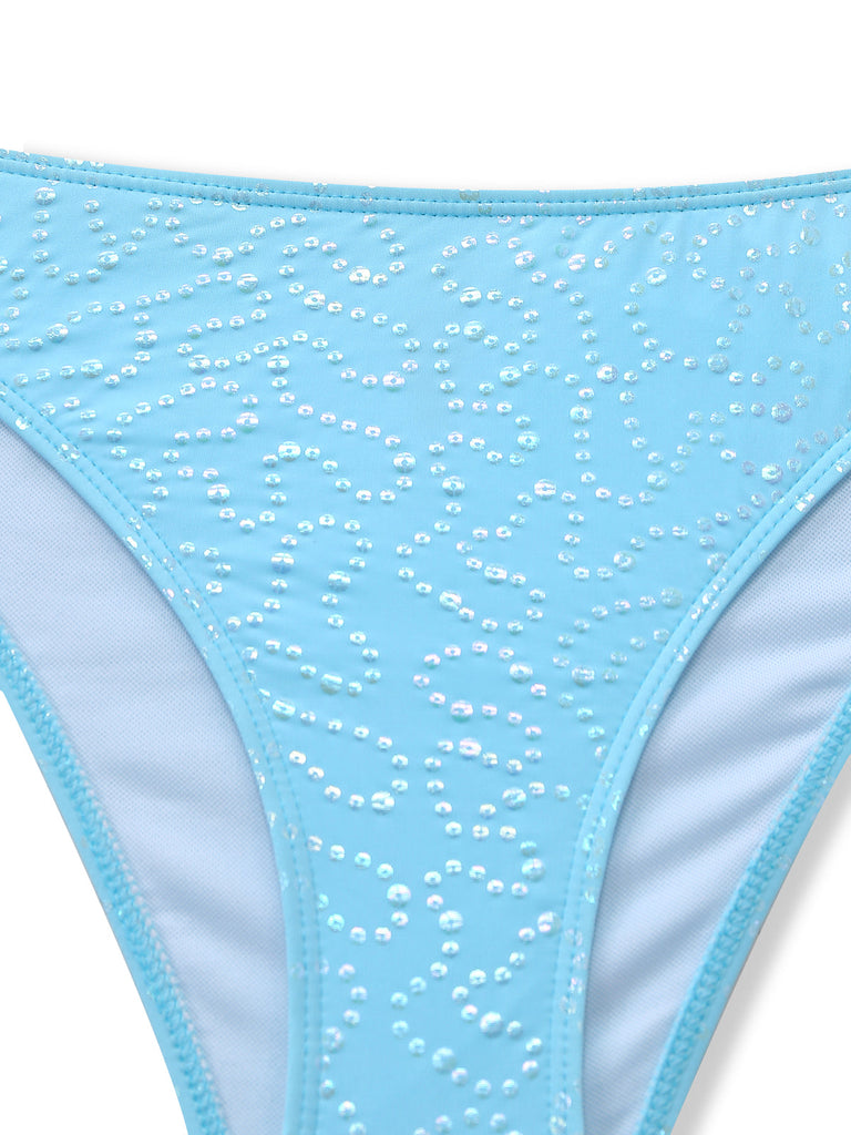 Sky Blue 1950s Halter Ruffle Bow Glitter Tankini Set - vintage fashion, retro style