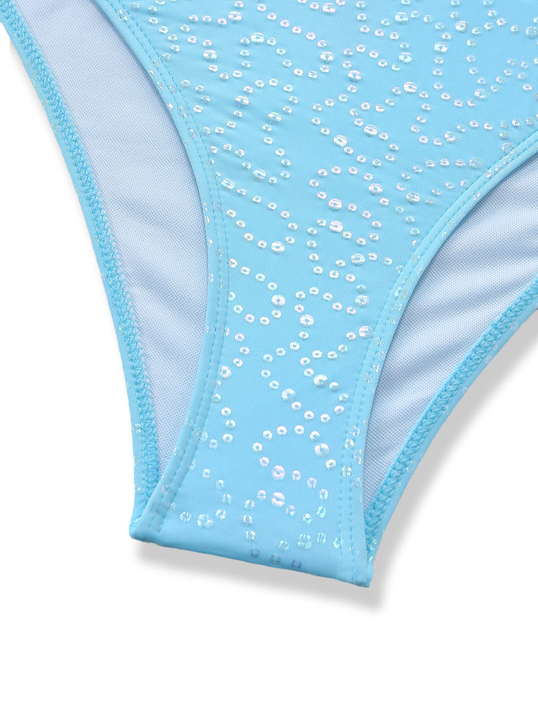 Sky Blue 1950s Halter Ruffle Bow Glitter Tankini Set - vintage fashion, retro style